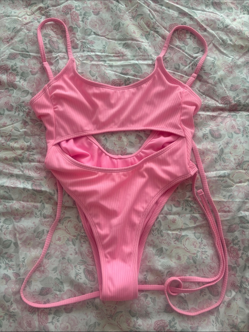 Pink Cutout Ribbed One-Piece Swimsuit